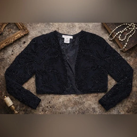 Vintage Adrianna Papell Evening Beaded Black Bolero Formal Shrug Jacket - XL - Picture 1 of 5